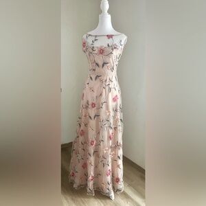 Beige embroidered a Line maxi dress.